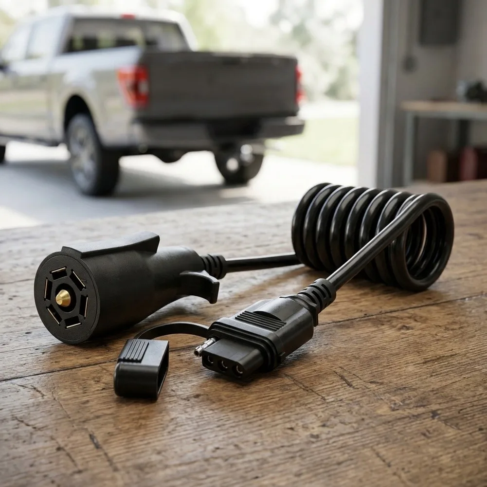 7-Pin Vehicle Side to 5-Flat Trailer Side Wiring Adapter with Dust Cap Strain Relief and Stable Current Handling Capacity