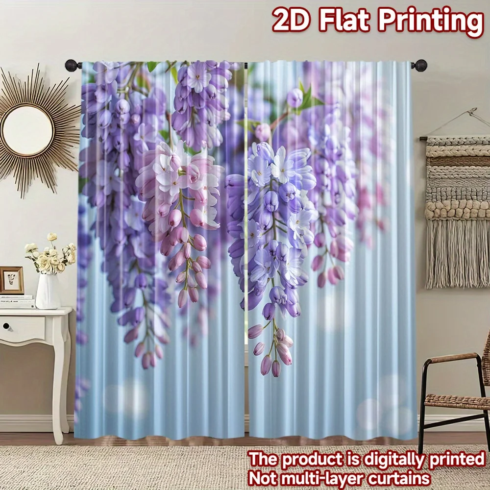 Purple Wisteria Flower Window Curtain 2 Panels, Hanging Lilac Bloom Vine Print Light Blue Background Elegant Home Decor Curtain