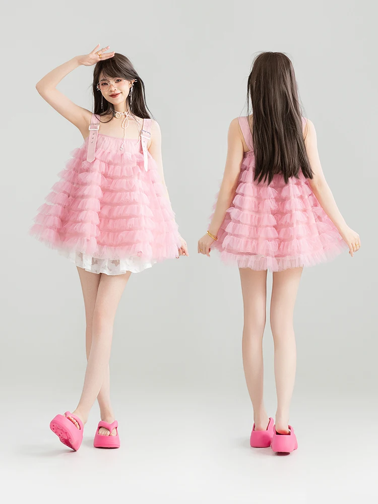 Estilo japonês doce kawaii rosa malha alças fofas mini vestidos soltos versáteis linha a babados em camadas vestido curto feminino verão