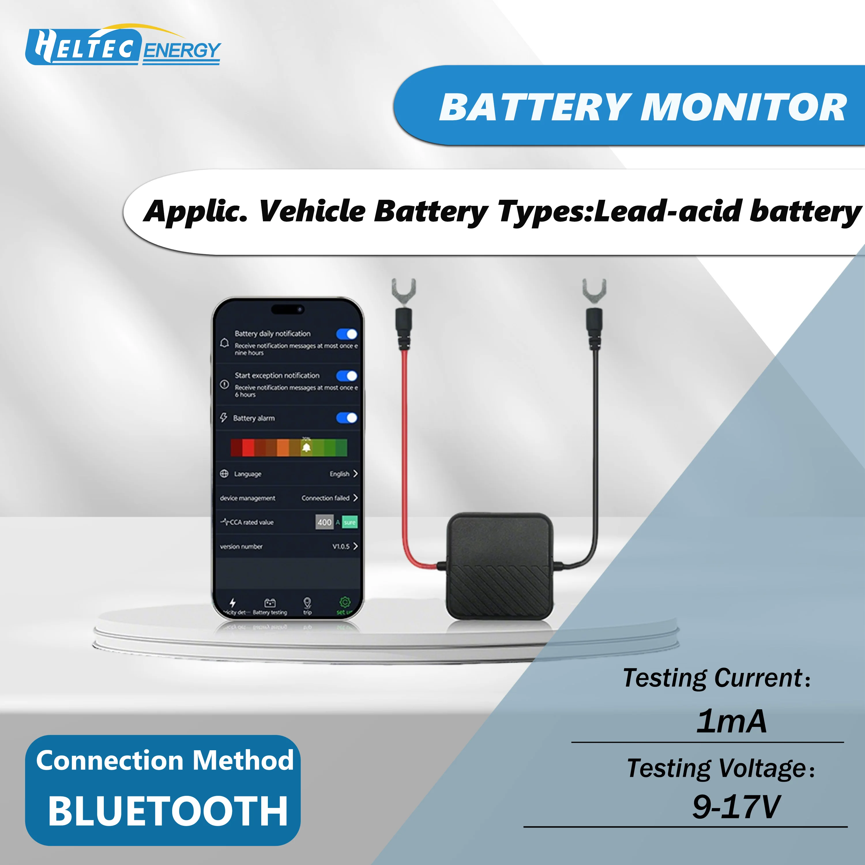 

Heltec Energy Автомобильный монитор свинцово-кислотного аккумулятора Bluetooth 9-17 В 1 мА Тестер автомобильного аккумулятора с интеллектуальным уведомлением о тревоге