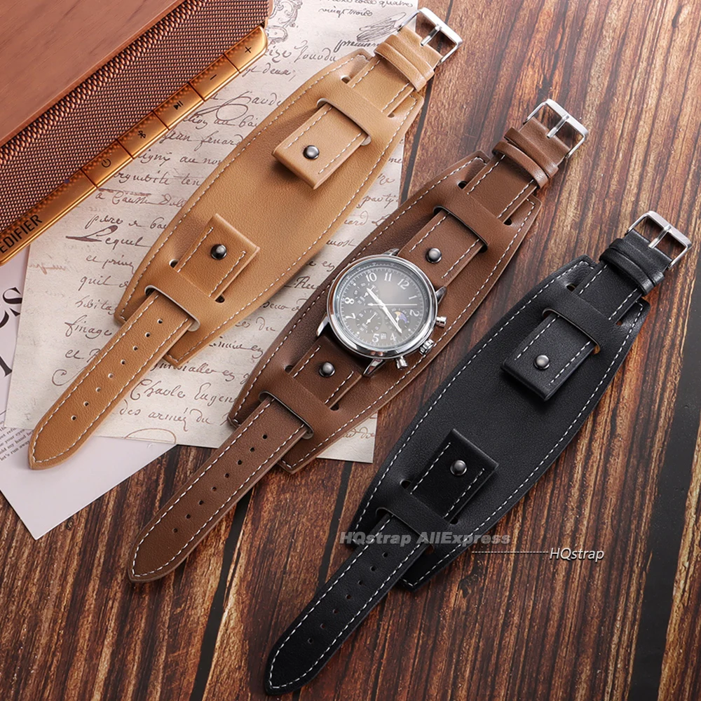 Retro PU Leather Watch Strap 20mm 22mm 24mm Vintage Brown Black Strap With Mat Bund Base Tray Universal Wristband Watch Bracelet