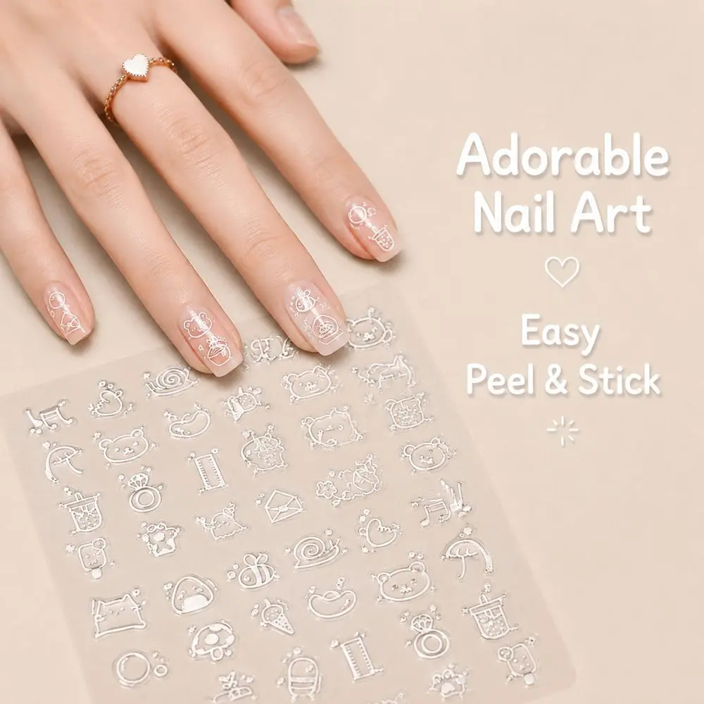 1Pc Kawaii Embossed Nail Decals Hand‑Drawn Simple Cartoon Bear Cat Pattern Self‑Adhesive Stickers For Acrylic Nails DIY Decor