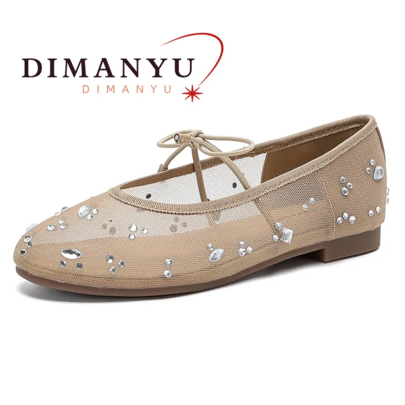 DIMANYU Women Mesh Rhinestone Ballet Flats Round Toe Bow Tie Slip On Flat Shoes Ladies Breathable Mesh Daily Dress Shoes Women