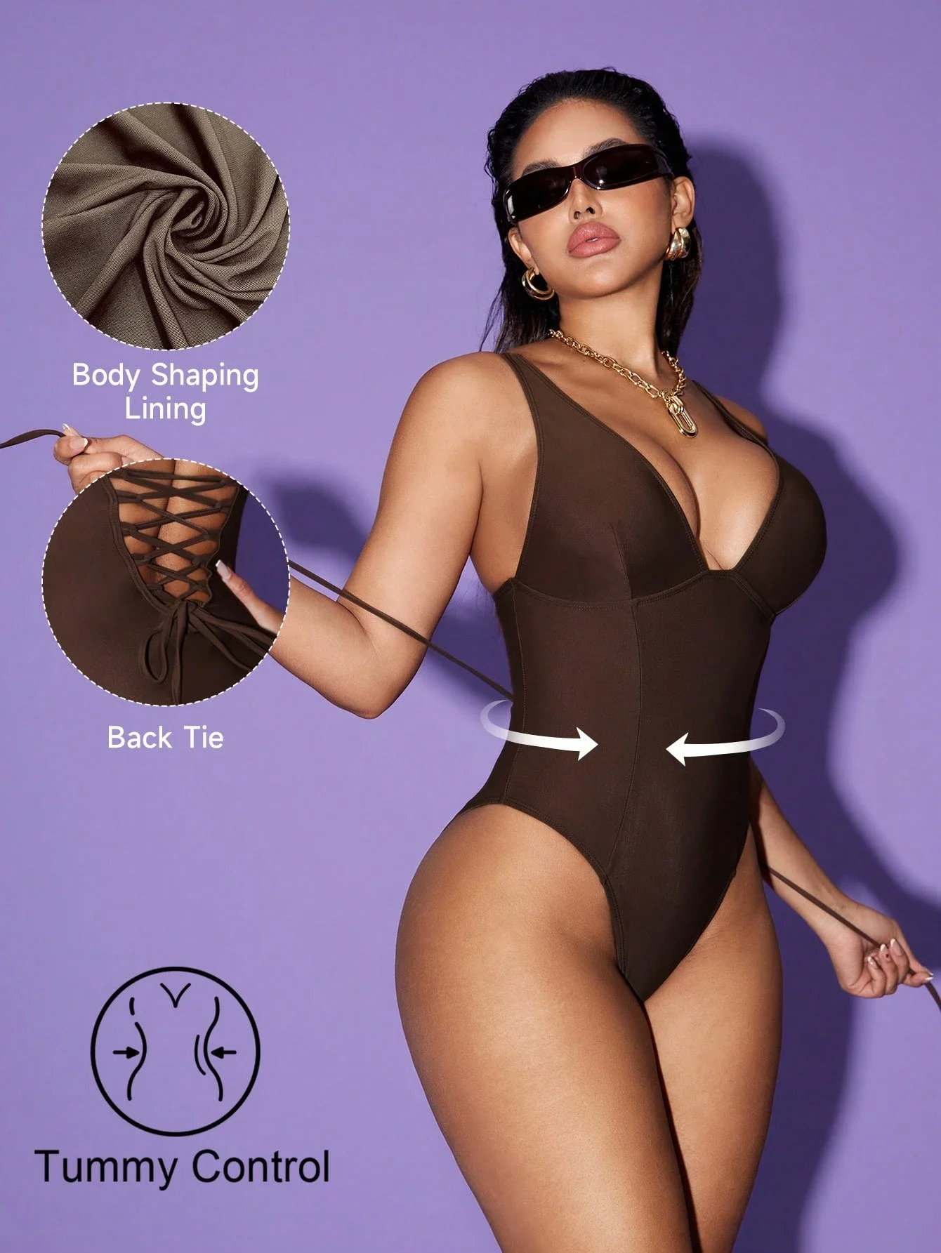 

Цельный купальник с V-образным вырезом, шнуровкой на спине и эффектом утяжки живота, коричневый, однотонный, корректирующий фигуру, больших размеров