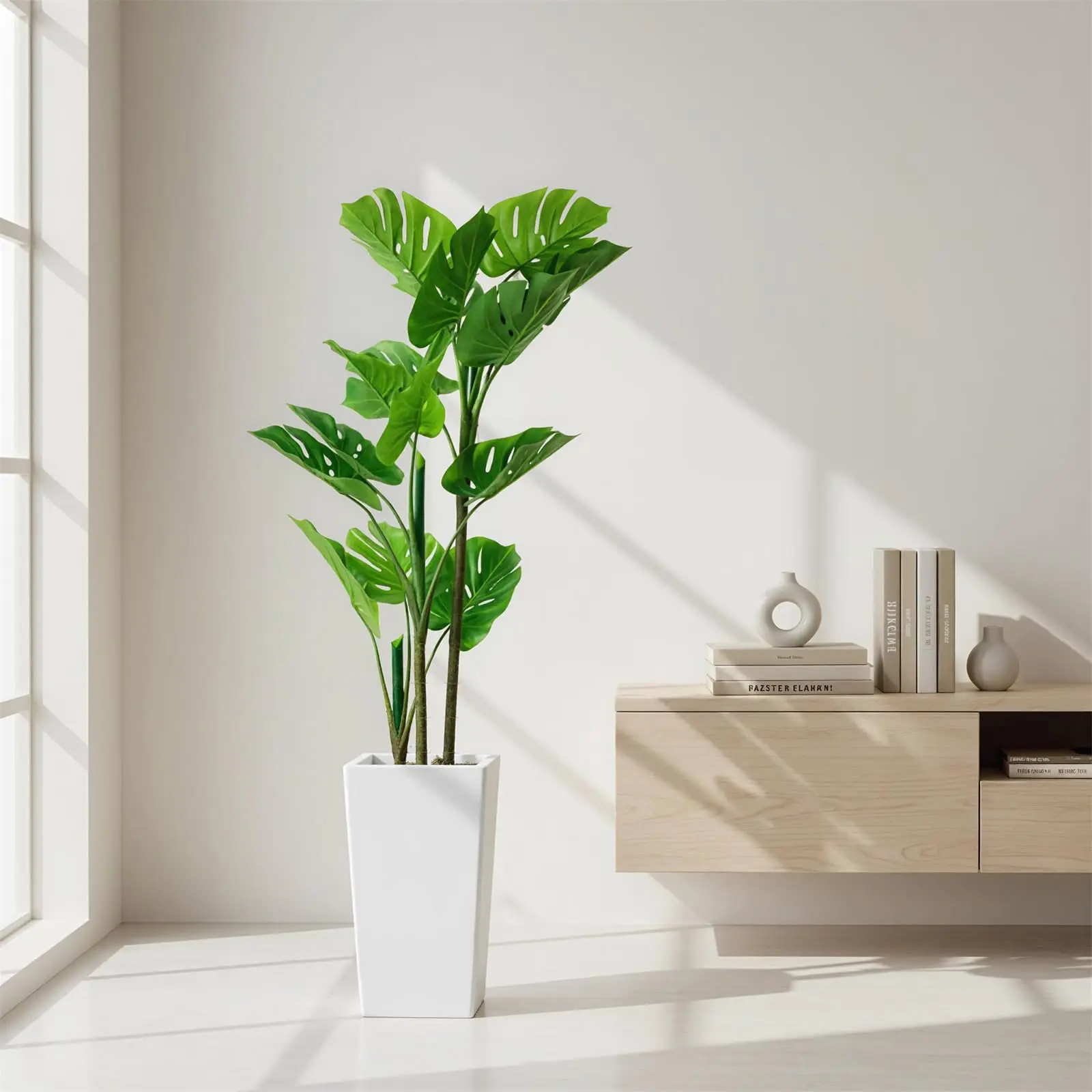 Pianta artificiale di Monstera, alta 137 cm, in vaso bianco, albero tropicale finto da posizionare a terra, ideale per decorare soggiorni, uffici, corridoi e porticati.