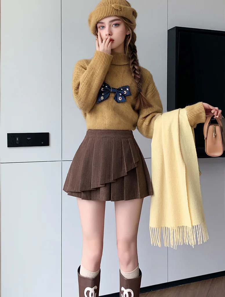 

High Waist Vintage Corduroy Short Pleated Skirts Womens 2024 Autumn Winter Y2k Casual Hotsweet Cake Mini Skirt Girls