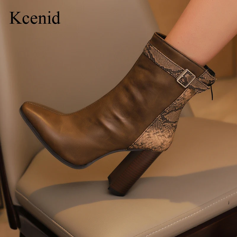 Kcenid Plus Size Thick Heels Square Toe Patchwork Fashion High Heel Ankle Boots For Women Winter Short Plush Zipper Modern Boots