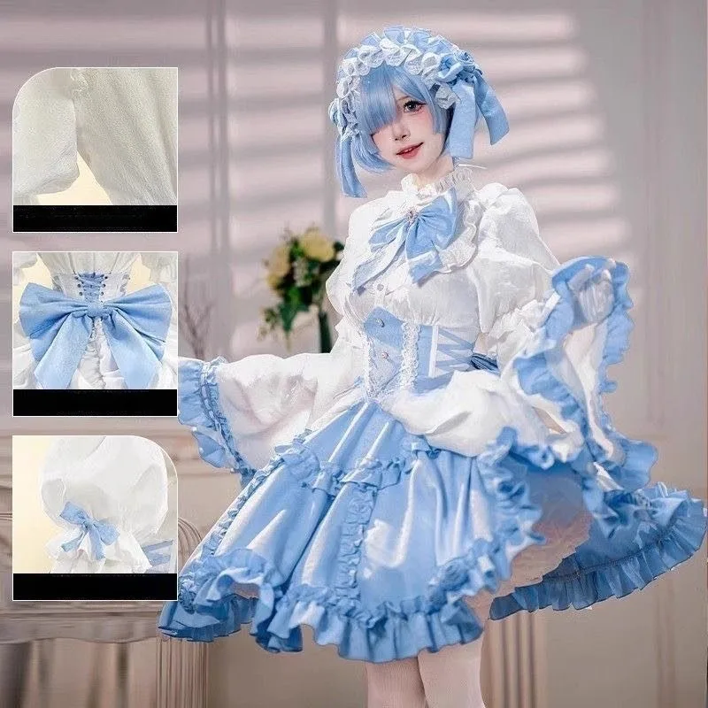 

Anime Rem Cosplay Costume Sweet Lolita Blue White Gothic Dress Suit for Women Girls Halloween Carnival Party Roleplay Outfit