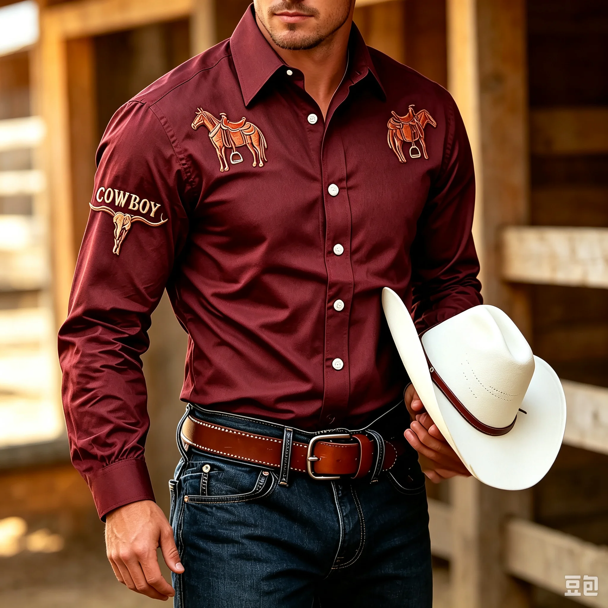 Image of Herren-Langarmhemd mit Kragen, COWBOY Bullenkopf-Print Retro-Arbeitshemd, Country-Cowboy Outdoor-Freizeitoberteil