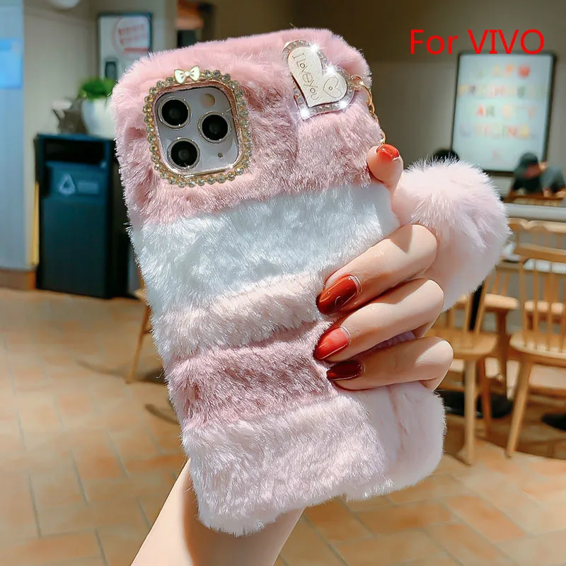 For VIVO Y22 Y33S V21 V20SE V19 V17 Pro X50 Pro V15 S1 Y20 Y19 Y17 Y11 Y30 Luxury Diamond Pendant Fur Plush TPU Phone Case Coque