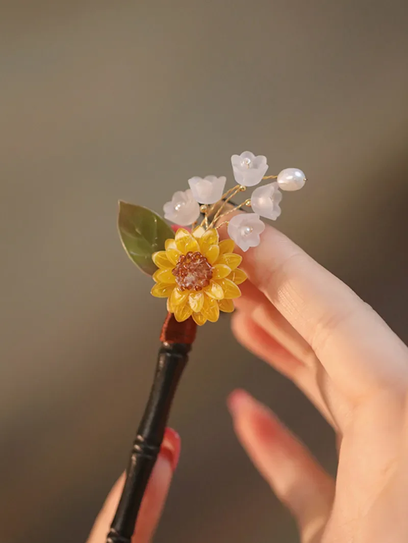 FXLRY Original Handmade Pearl Hairpin Sunflower Bamboo Section Hairpin For Women Accessories