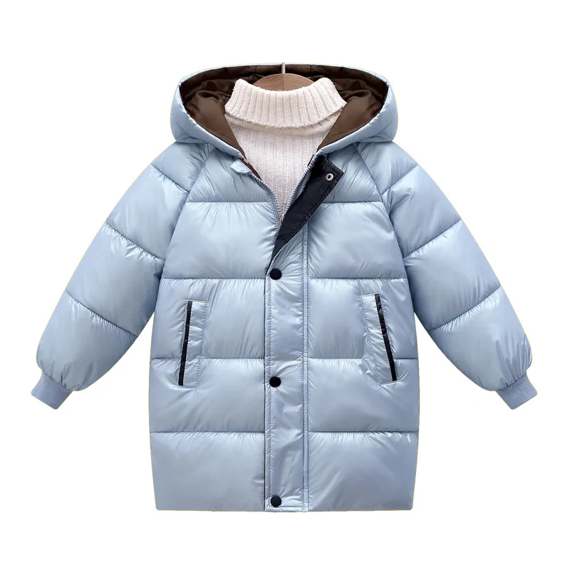 Mid-Length Girls Jacket 2024 Winter Solid Color Glossy Waterproof Keep Warm Coat For 4-10 Years Girls Hooded Down Cotton Outwear