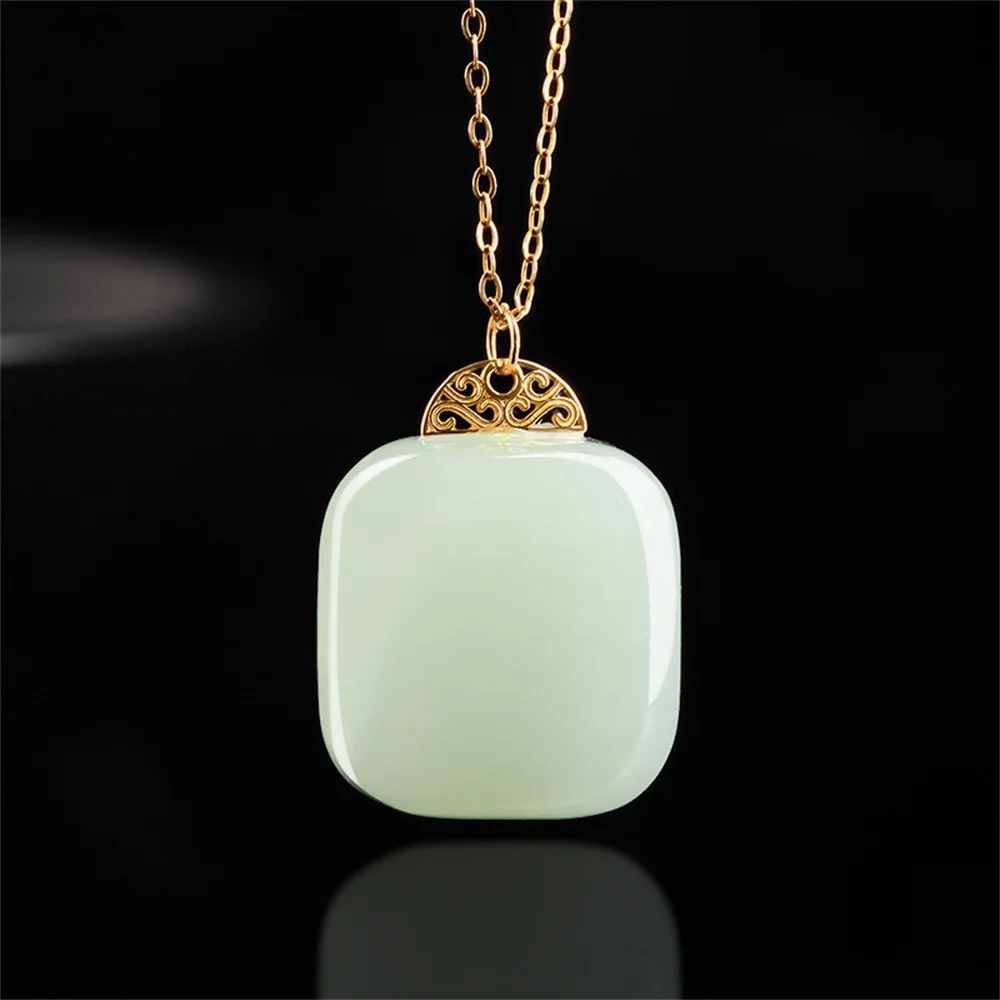 

18K Gold Natural HeTian Jade Carved Fortune Square Drop Lucky Pendant Amulet Chain Necklace Certificate Luxury Jade Jewelry