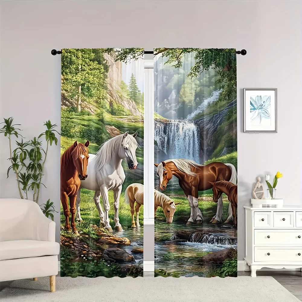 2 Panels 3D Horse Printed Curtains Waterfall Landscape Polyester Living Room Bedroom Window Drapes Home Decor