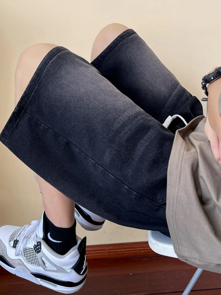 

American Retro Men's Denim orts Summer Loose Fit Straight Leg Casual mid Waist Five-Point Pants Street Sle Outfit Set