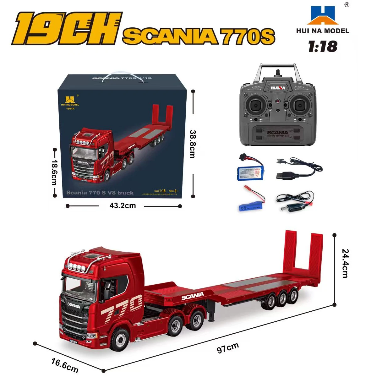 HUINA 1501 Car Head 770S V8 1/18 RC Alloy Tractor Truck 19CH