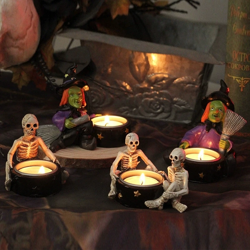 Horror-Kerzenständer mit Hexe und Totenkopf, gruselige Desktop-Geister-Festival-Party-Kerzenhalter aus Kunstharz, Kunsthandwerk, Ornament, Halloween-Dekoration