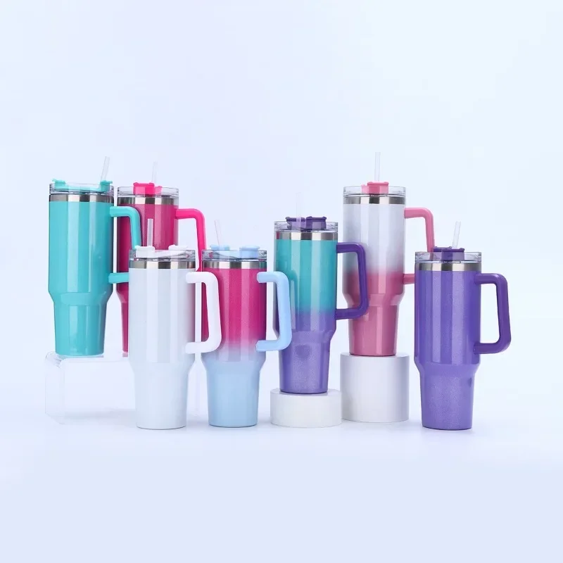 Stainless steel 40oz Rainbow Paint handle Car Cup Portable straw thermos cup Large capacity ice bullion cup