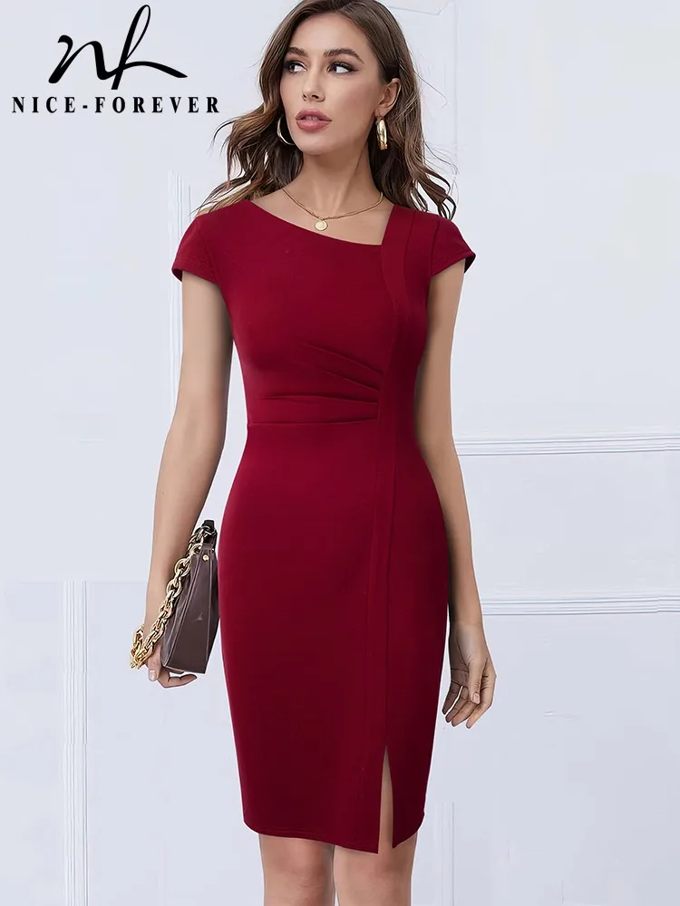 Nice-forever Summer Women Elegant Front Split Office Plain Dresses Business Formal Vintage Bodycon Slim Dress B700