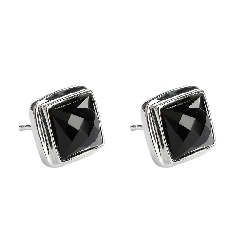 BOCAI Handmade RetroPlatinum Plated Square Diamond Personality Sweet Cool Ins Design Temperament Joker Earrings