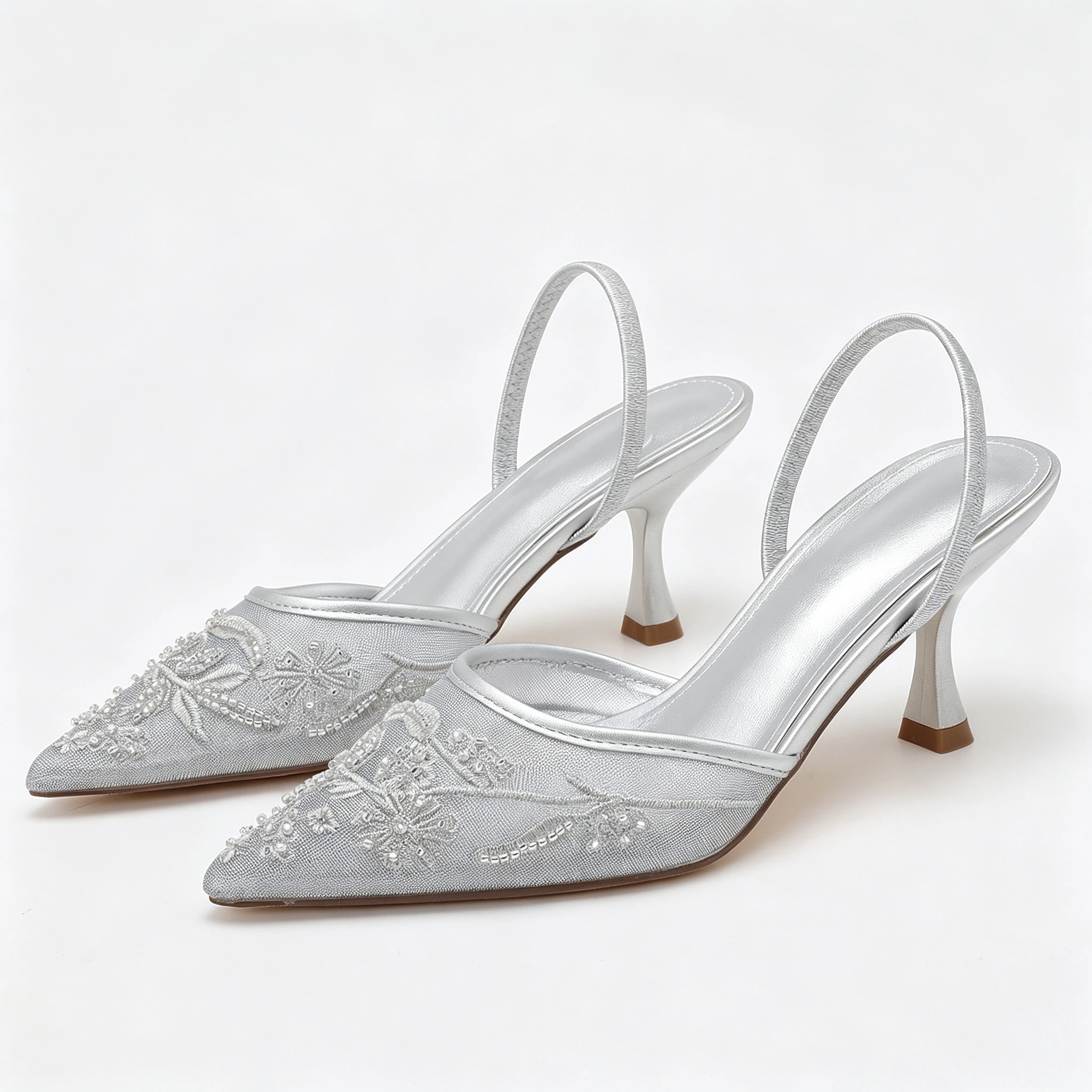 Elegant Lace Beaded Mesh Slingback 8cm Heels for Women Pointed Toe Mules Formal Wedding Bridal Cocktail Party view 6