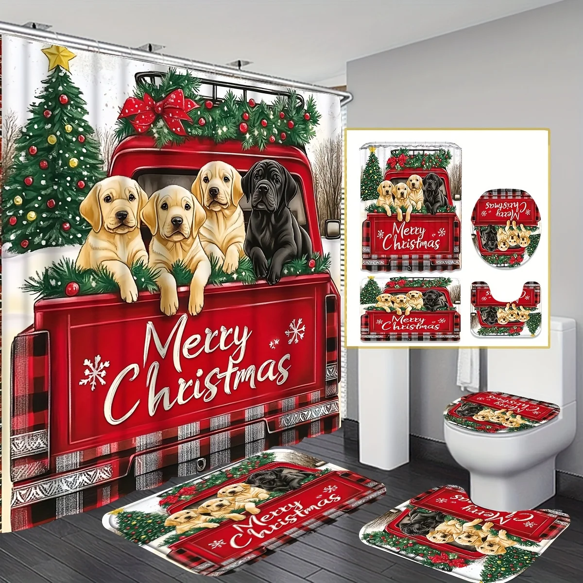 4Pcs Xmas Puppy Shower Set, Red Truck, Puppy & Tree, Modern Bath Decor, 12 Hooks, Curtain & Toilet Pad Set