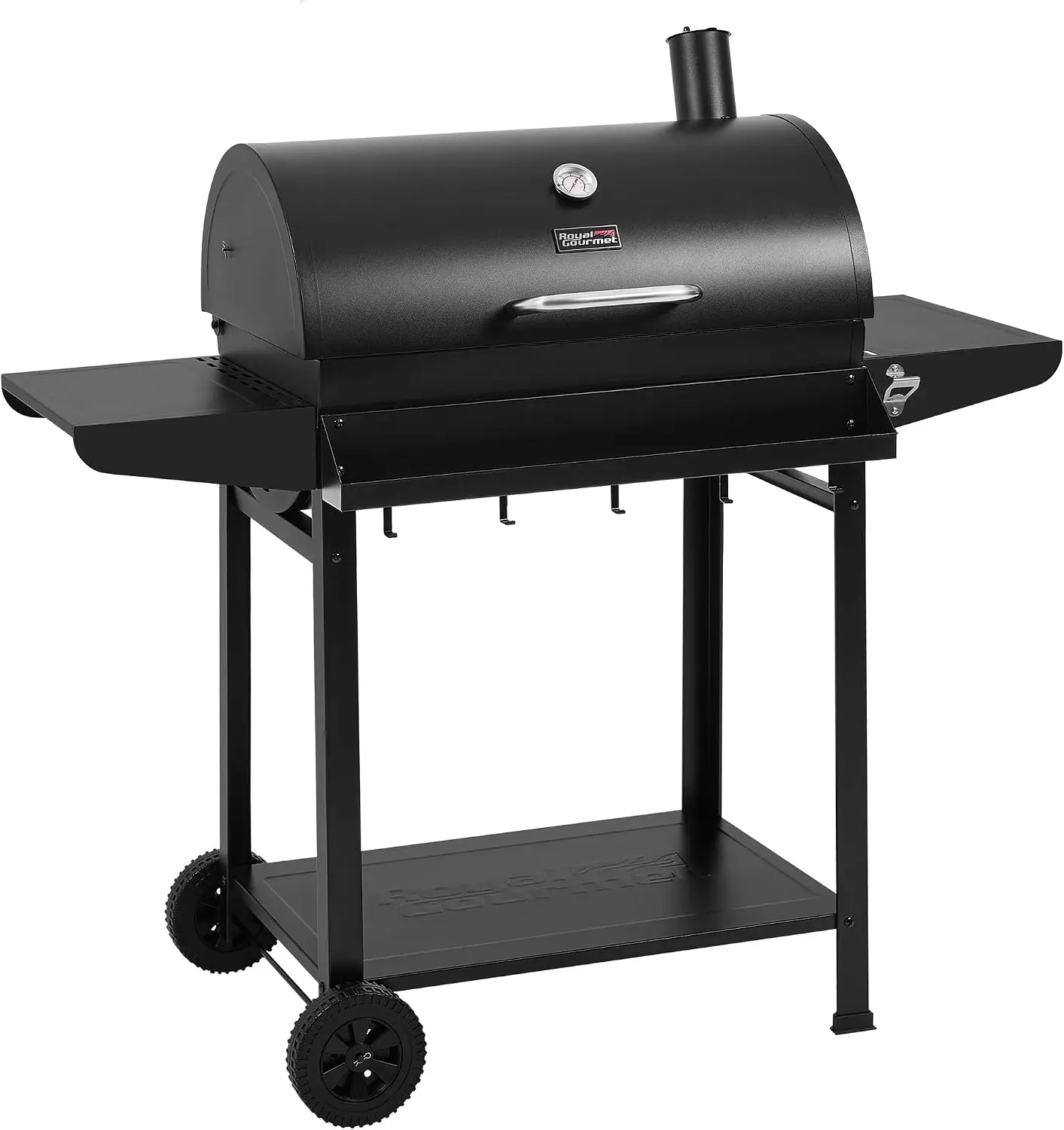 Barrel-Style Charcoal Grill with Front Storage Basket and Hooks
