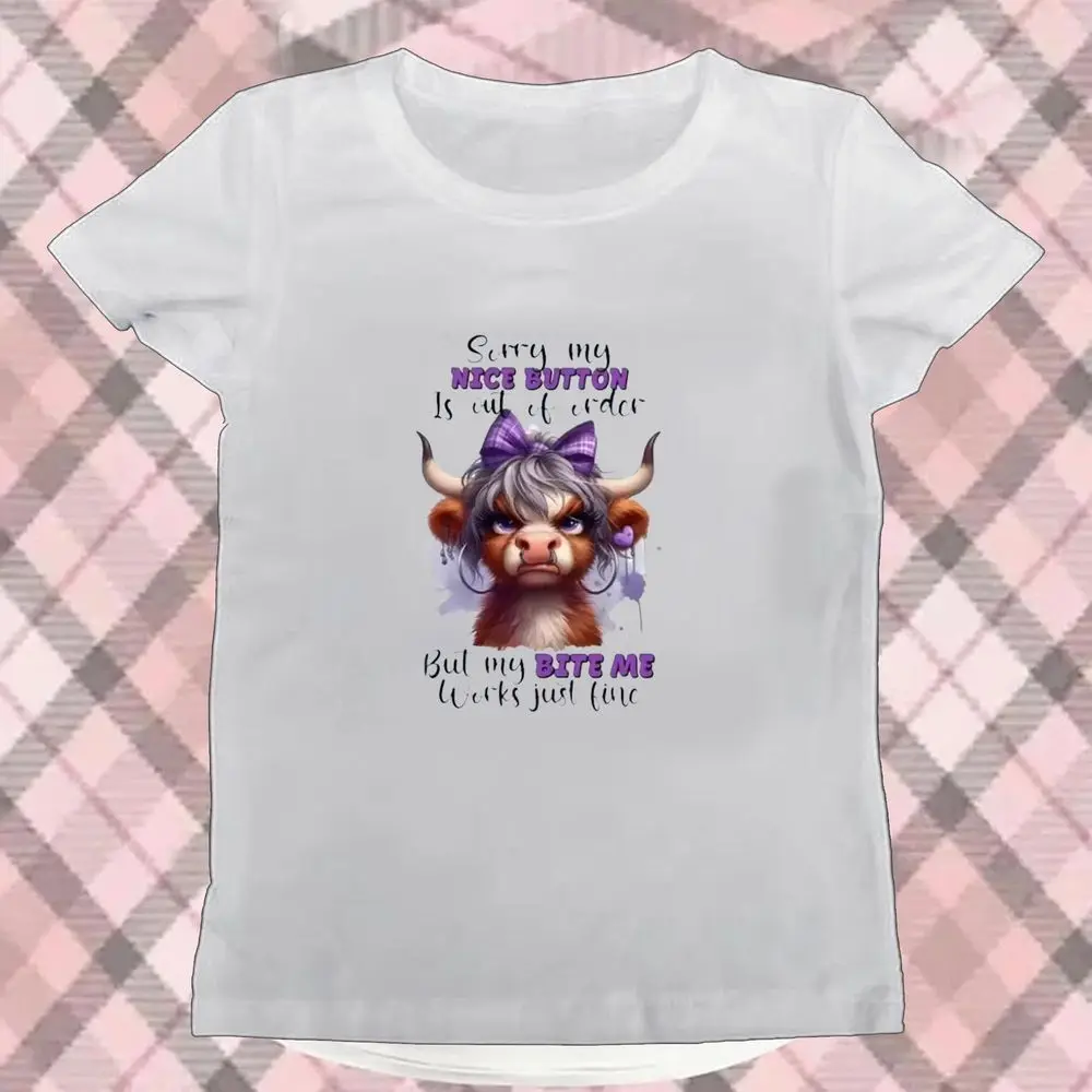 Funny Highland Cow Graphic T-Shirt Women Summer Short Sleeve Sorry My Nice Button Out of Order Print Vintage Y2k Female Tee Tops