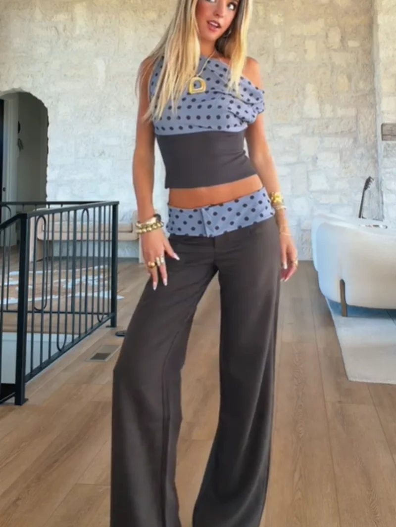 

Women Classic Retro Polka Dot Print Two Piece Outfit Asymmetrical Off Shoulder Crop Top Wide Leg Pants Set Daily Casual Clothing