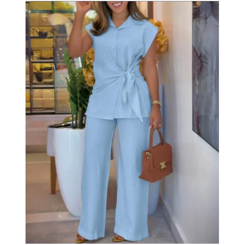 

Casual Lapel Short-sleeved Shirt 2 Pieces Summer Fashion Elegant Women's Single Breasted Lace-up Wide-leg Long Pants Office Suit