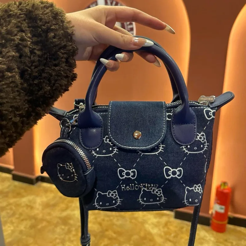 

Sanrio Hello Kitty Denim Handbag Girl Heart Cartoon Printed Crossbody Bag Portable Out Joker Shoulder Bag To Send A Small Wallet