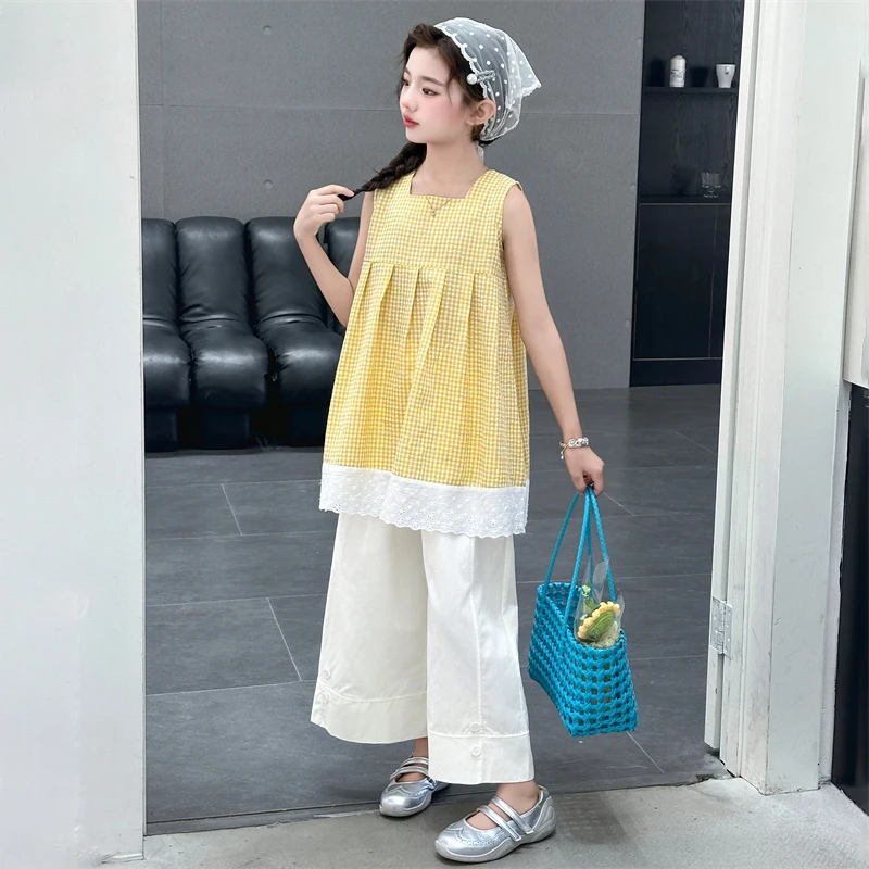 Summer Girls Set 2 Piece Outfits Yellow Gingham Sleeveless Lace Trim Tank Top + White Wide Leg Pants Kids Fashion Casual Clothes