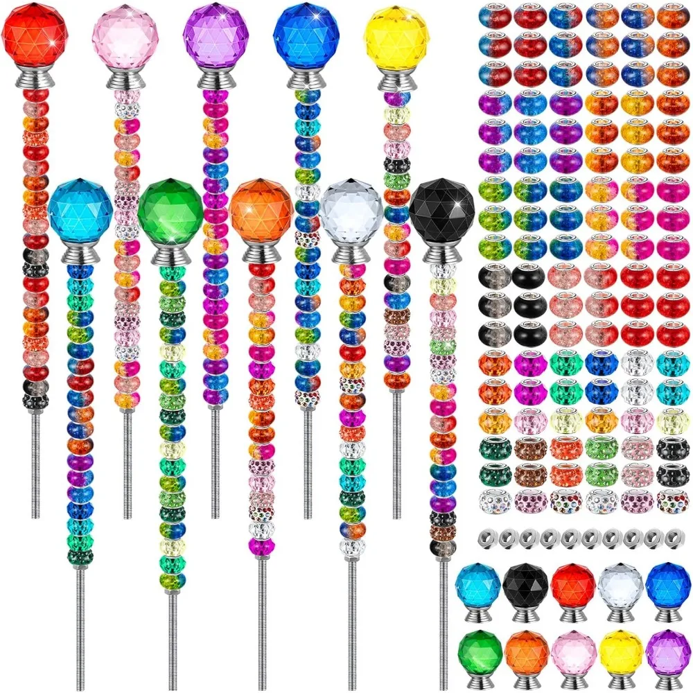 

230 Pcs Beaded Garden Stakes, DIY Fairy Wand Garden Stake Beads Kits with 200 Colorful Assortment Round Large Hole Beads with 10