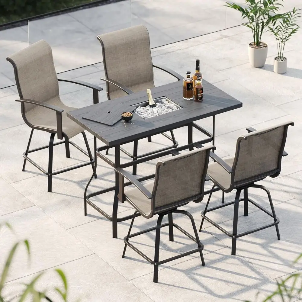 

5-Piece Counter Height Patio Bar Set, Swivel Bar Stools and aux Wood Grain Dining Table with Ice Bucket or Outdoor Kitchen Bistr