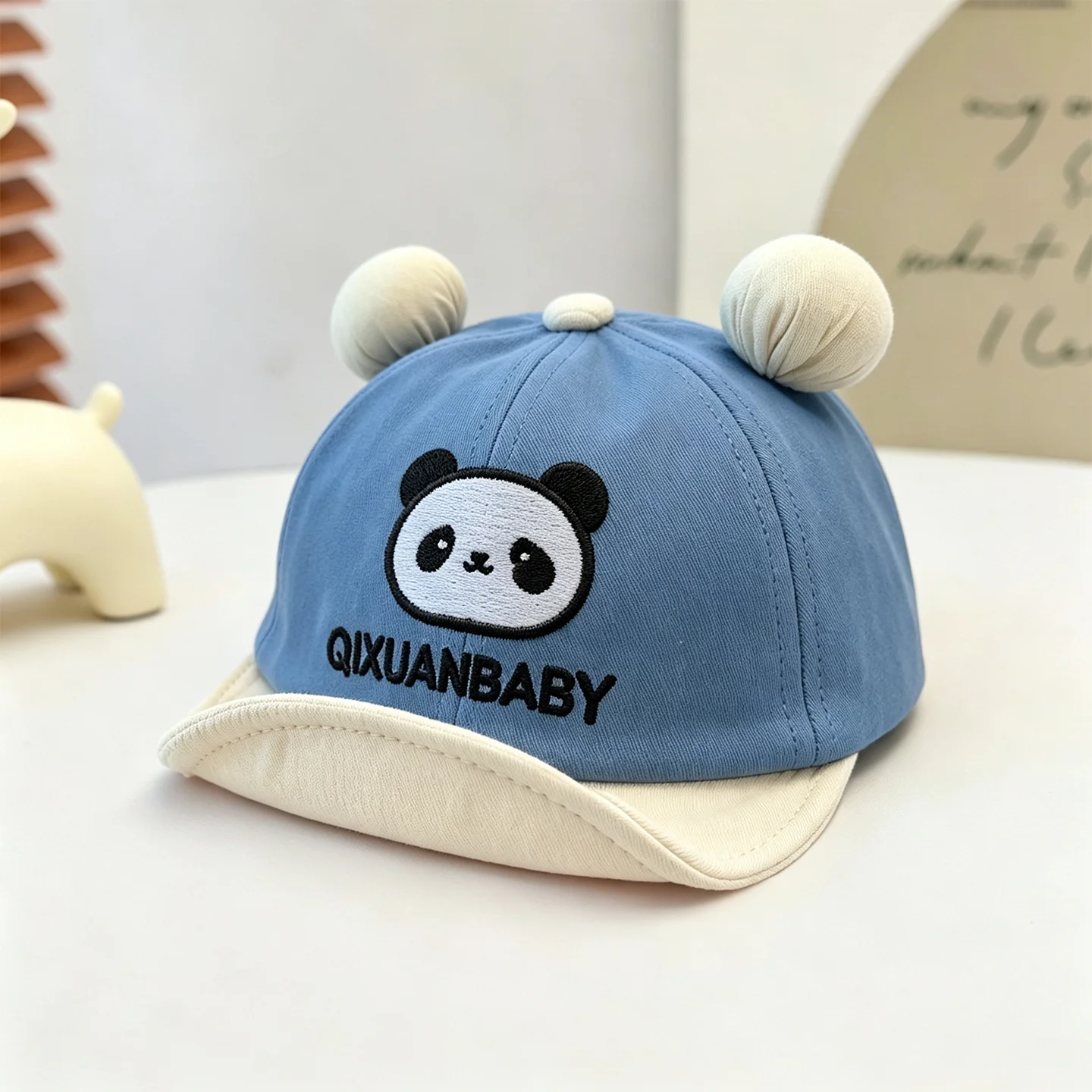 Children's double-round ball ears panda embroidery soft brim baseball cap, Korean retro style, suitable for daily school use - view 3