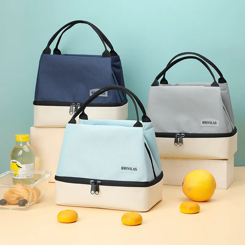 Hot Selling Double Layer Insulated Lunch Bag Aluminum Foil Thermal Waterproof Color Block Portable Lunch Box Tote Bag Wholesale