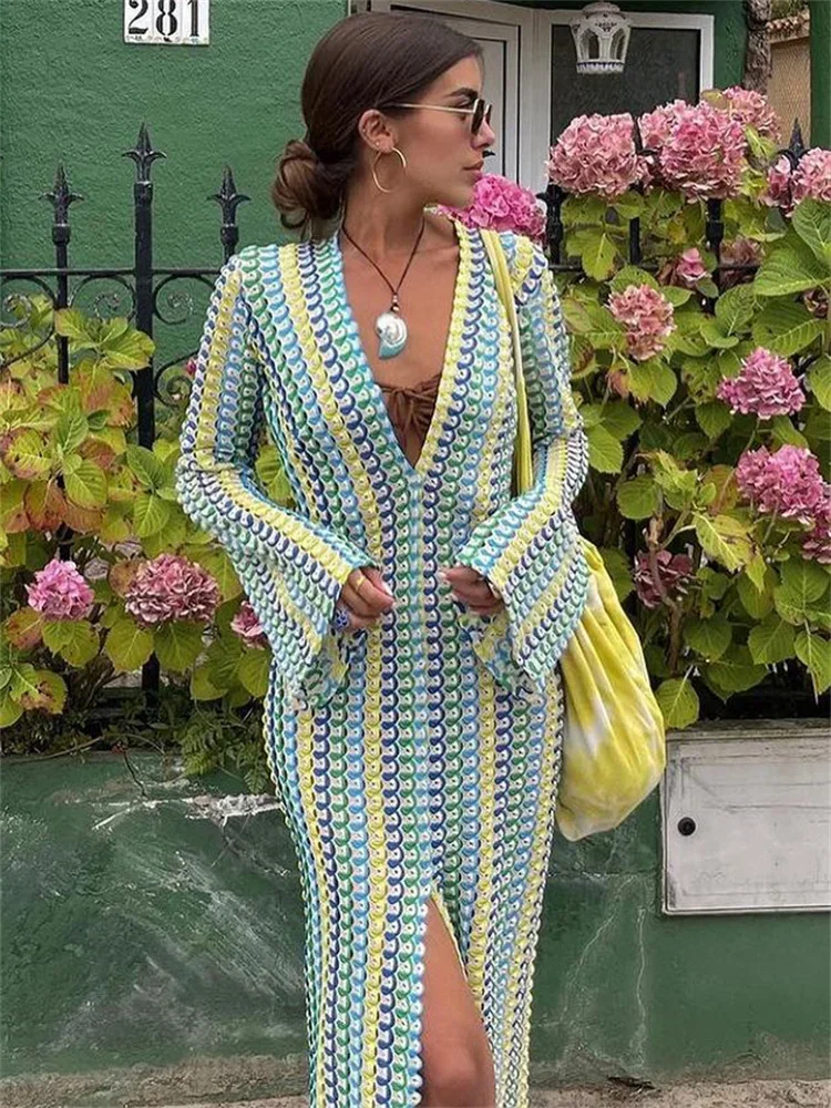 

2024 Contrast Hollow Out V-Neck Maxi Dress Female Slim Loose High Street Long Sleeve Lace Dress Patchwork Fashion Long Dress