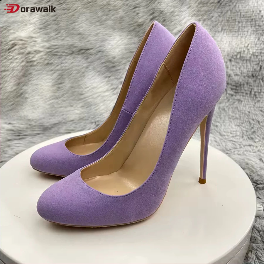 

12cm Purple High Heels Cute Mary Jane Flock Stilettos Round toe Pump Silp On Bridal Party Work Ladies Shoes Size33-46