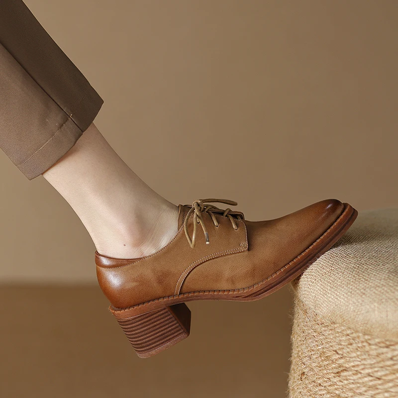 Women Pumps Shoes Genuine Leather Retro Thick High Fashionable Pointed Toe versatile and Comfortable High Quality Lace-up A70