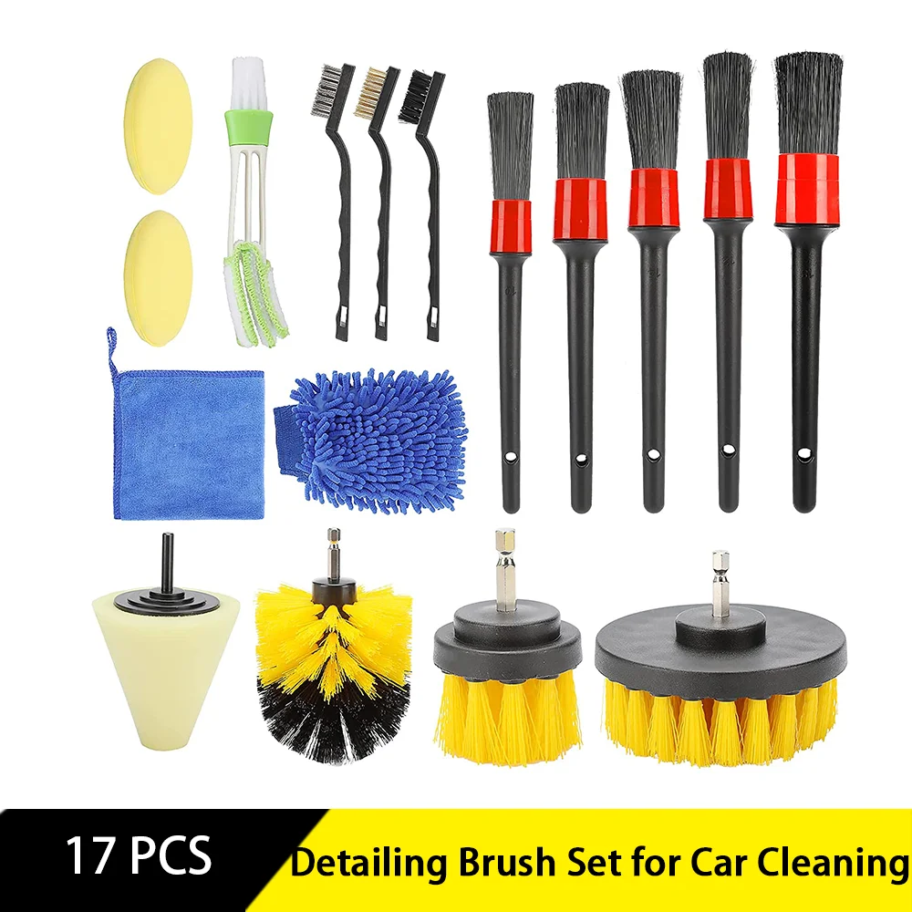 17 Pcs Car Cleaning Detailing Kit with Boar Bristle Car Detail Brushes Electric Brush Car Wax Applicator Pad Wash Towel