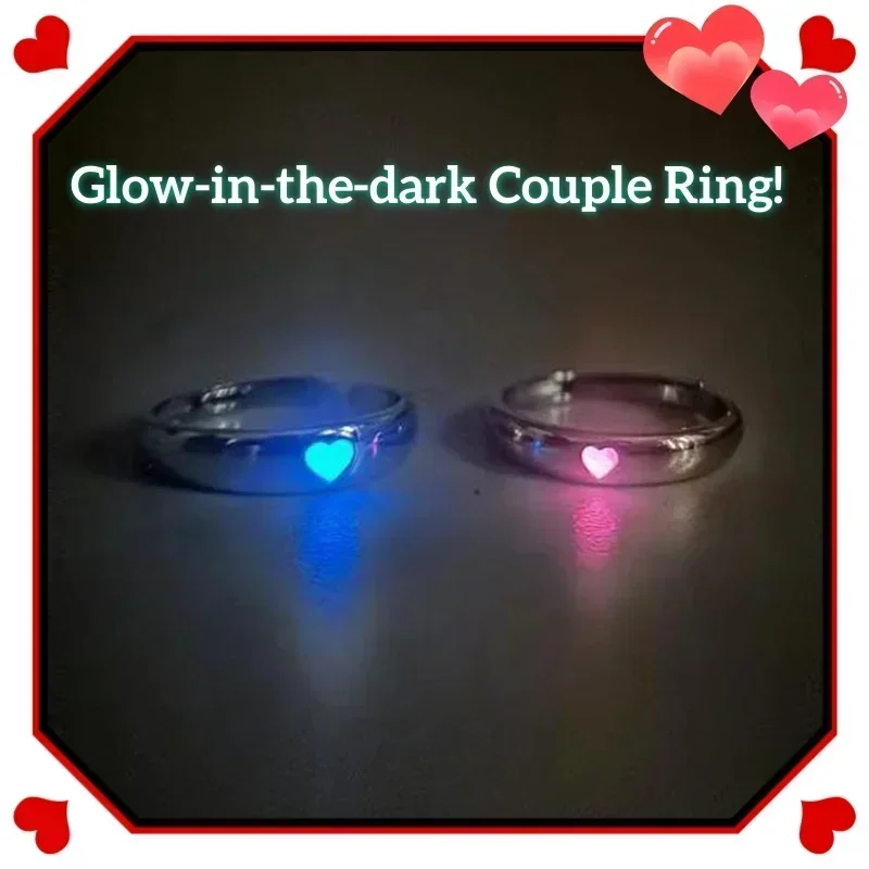 Luminous Love Heart Couple Rings Adjustable Finger Ring Glow In Dark Fashion Silver Color Pink Blue Light Jewelry Lover Gift
