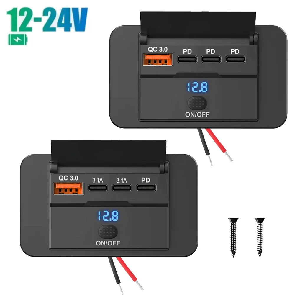 4Ports 12V 24V PD QC3.0 Car Charger Socket Adapter with Switch Fast Charging Splitter Outlet for Bus RV ATV Truck Boat Outlet