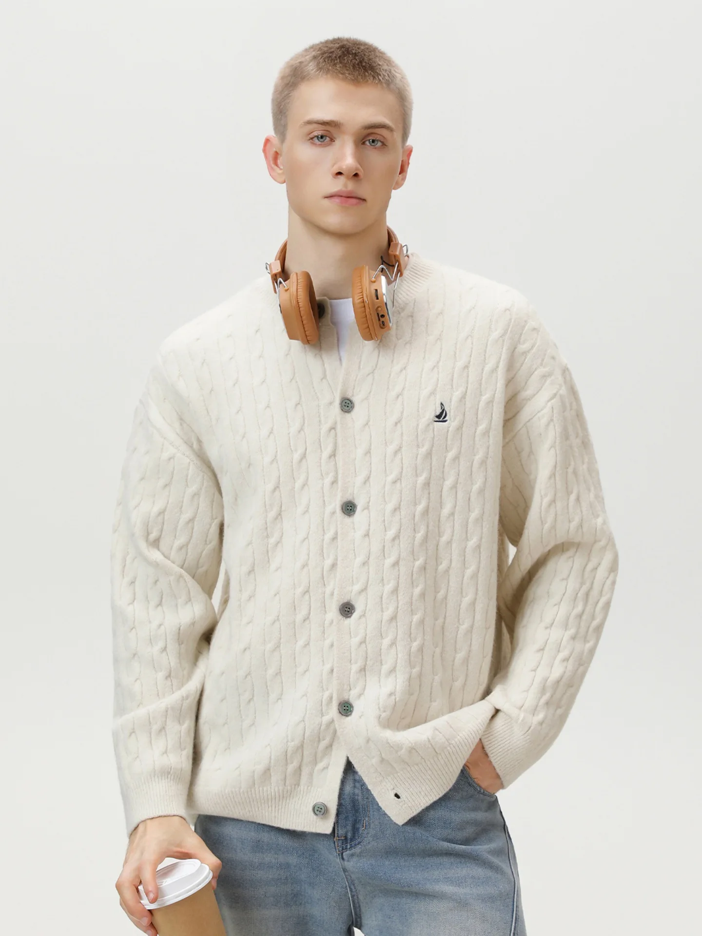 

Винтажный мужской кардиган с цветными блоками и вышивкой, осенне-зимняя текстурированная вязаная куртка с круглым вырезом