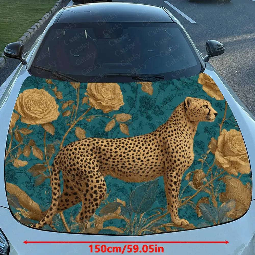 Cheetah And Rose Car Sticker Paper, PVC Waterproof Engine Hood Sticker, Self-adhesive Scratch Resistant Sticker, Suitable For Tr