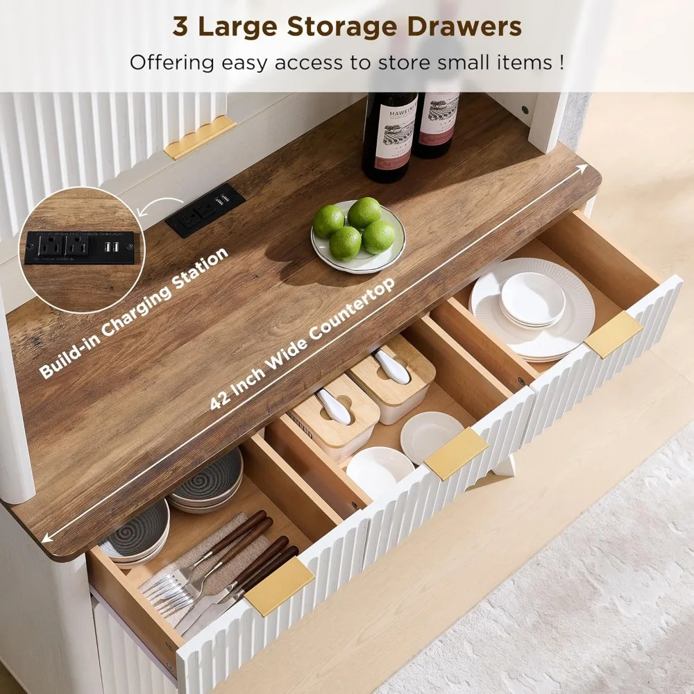 Gabinete de bar de vinos de 72" de alto con aparador de almacenamiento, gabinete de bar de café estriado de madera moderno con luces LED y estante de almacenamiento de 10 niveles y