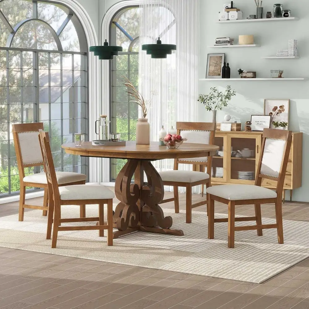 

5-Piece Solid Wood Round Dining Set with 16 Leaf and Upholstered Chairs