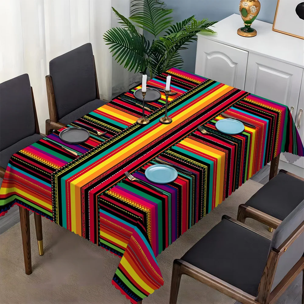 1pc Mexican Carnival Colorful Stripe Print Tablecloth, Rectangular Table Cover for Home Dining Kitchen Hotel Party Decor & Gift