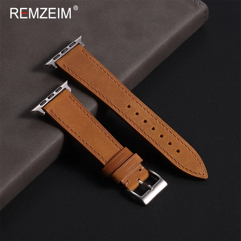 Men\'s Fashion Crazy Horse Leather Watch Strap for Apple Watch Ultra 2 SE 9 8 7 6 5 Bracelet for iwatch 49/45/44/42mm 41/40/38mm