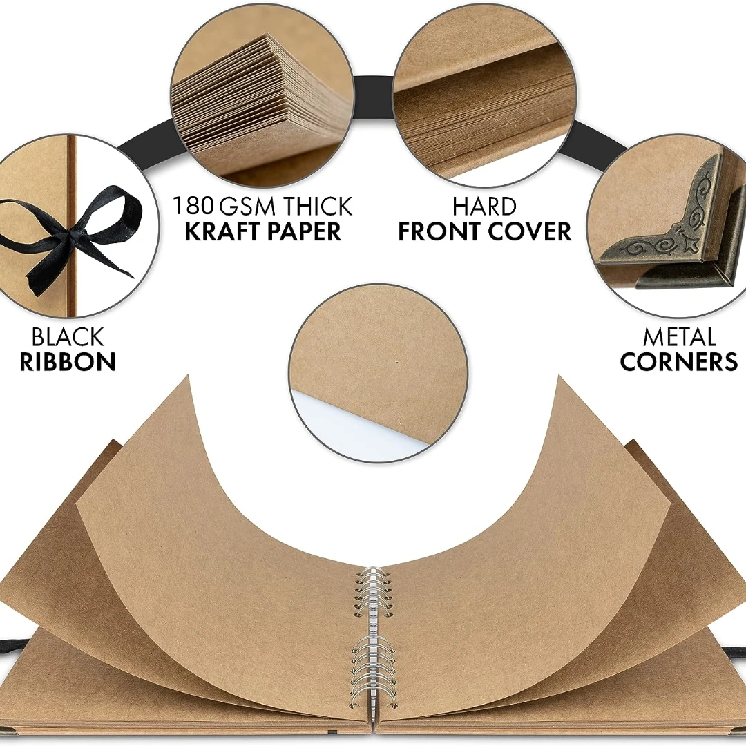 Scrapbook Album 60 Pages (8 x 8 inch) Black Thick 180gsm Kraft Paper, Corner Protectors - Scrap Book, Ribbon Closure