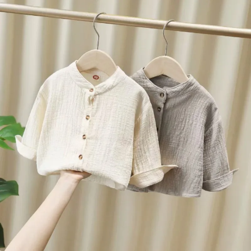 New 2026 Autumn Baby Boys Cotton Linen Shirts Pure Color Korean Style Stand-up Collar Toddlers Kids Long Sleeve Shirts Tops